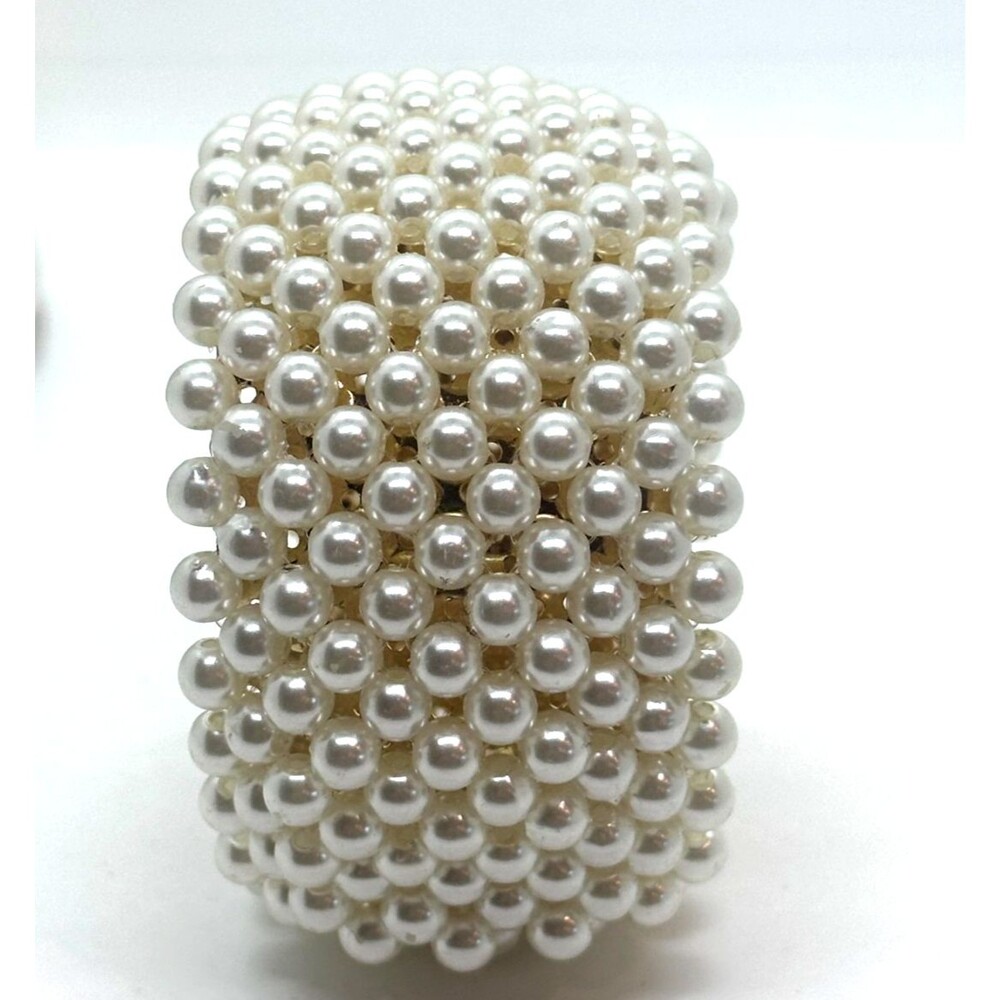 Faux Pearl Wide Cuff Clamper Bracelet Runway Statement Bridal Coquette